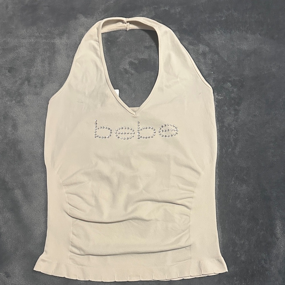 Bebe Tan V-Neck Top with Rhinestone Logo